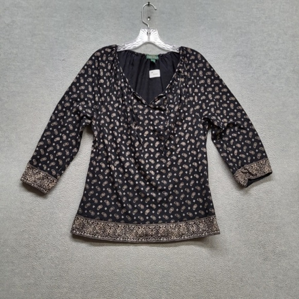 Lauren Jeans Ralph Lauren Women Top Large Black Blouse Floral Paisley 3/4 Sleeve